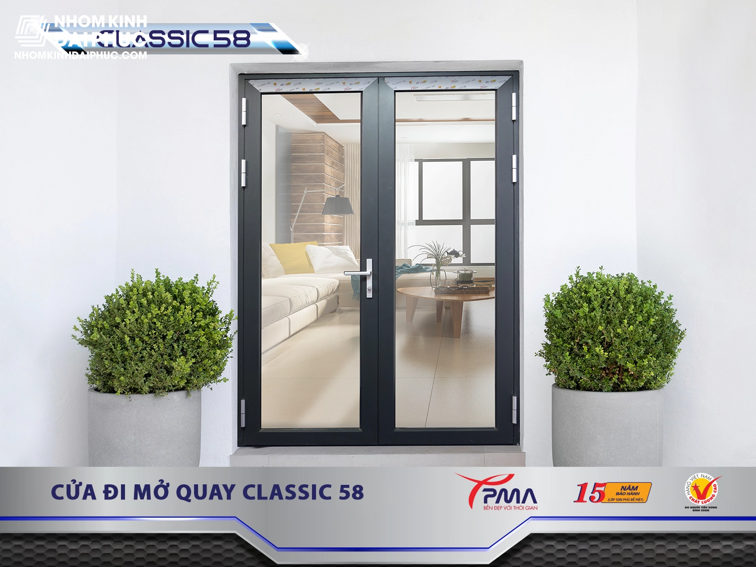 Cửa đi 2 cánh mở quay PMA hệ Classic 58 