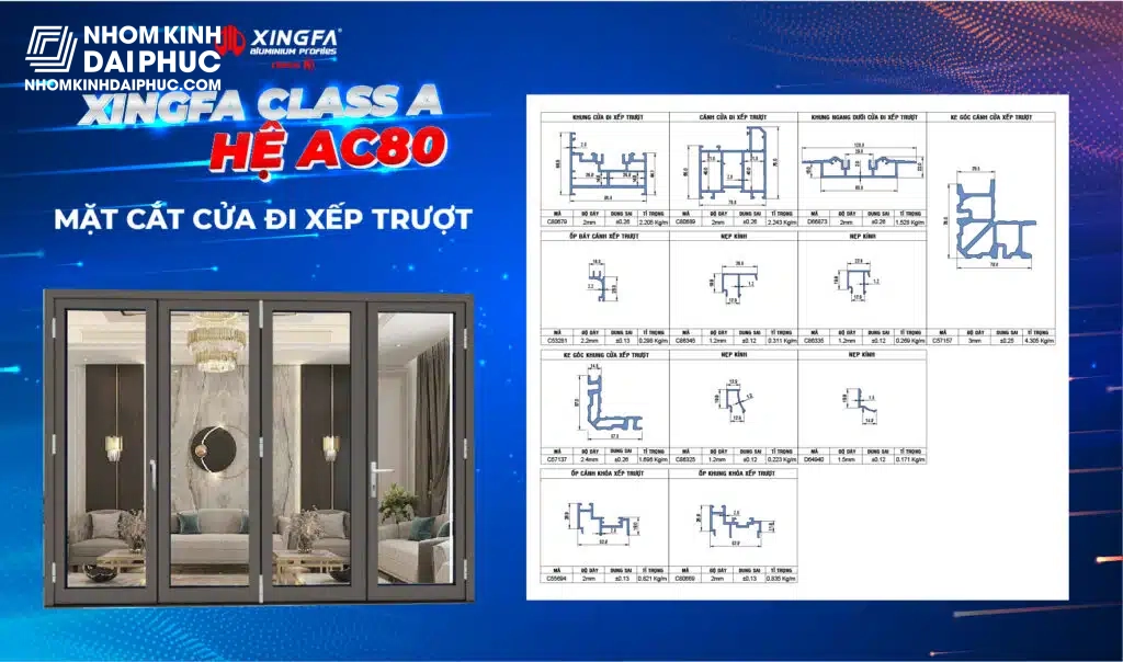 Cửa đi xếp trượt nhôm Xingfa Class A hệ AC80