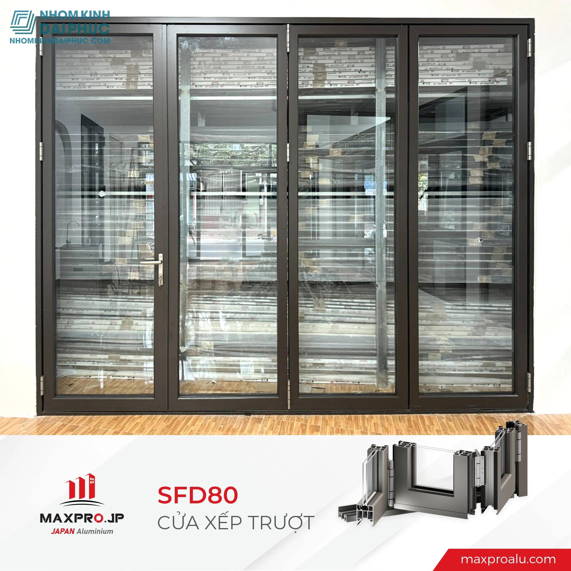 Cửa xếp trượt nhôm Maxpro hệ 80