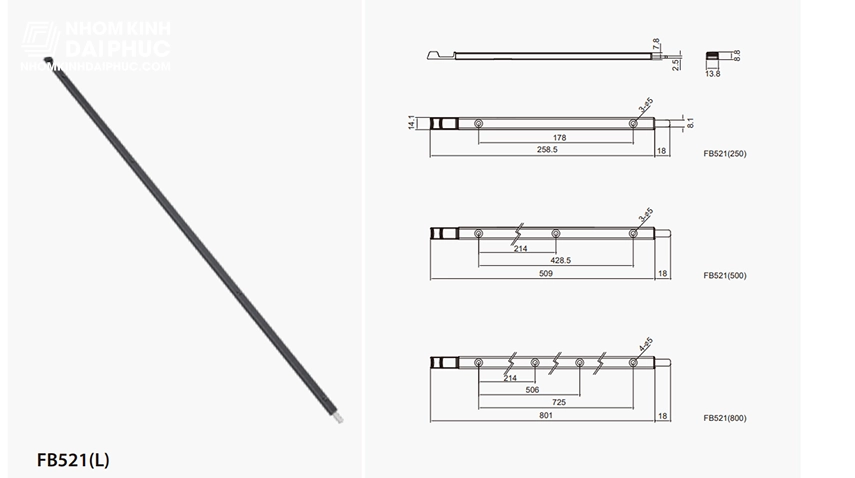 Thanh chốt cánh phụ Draho FB521 dài 500mm màu đen, bạc, xám